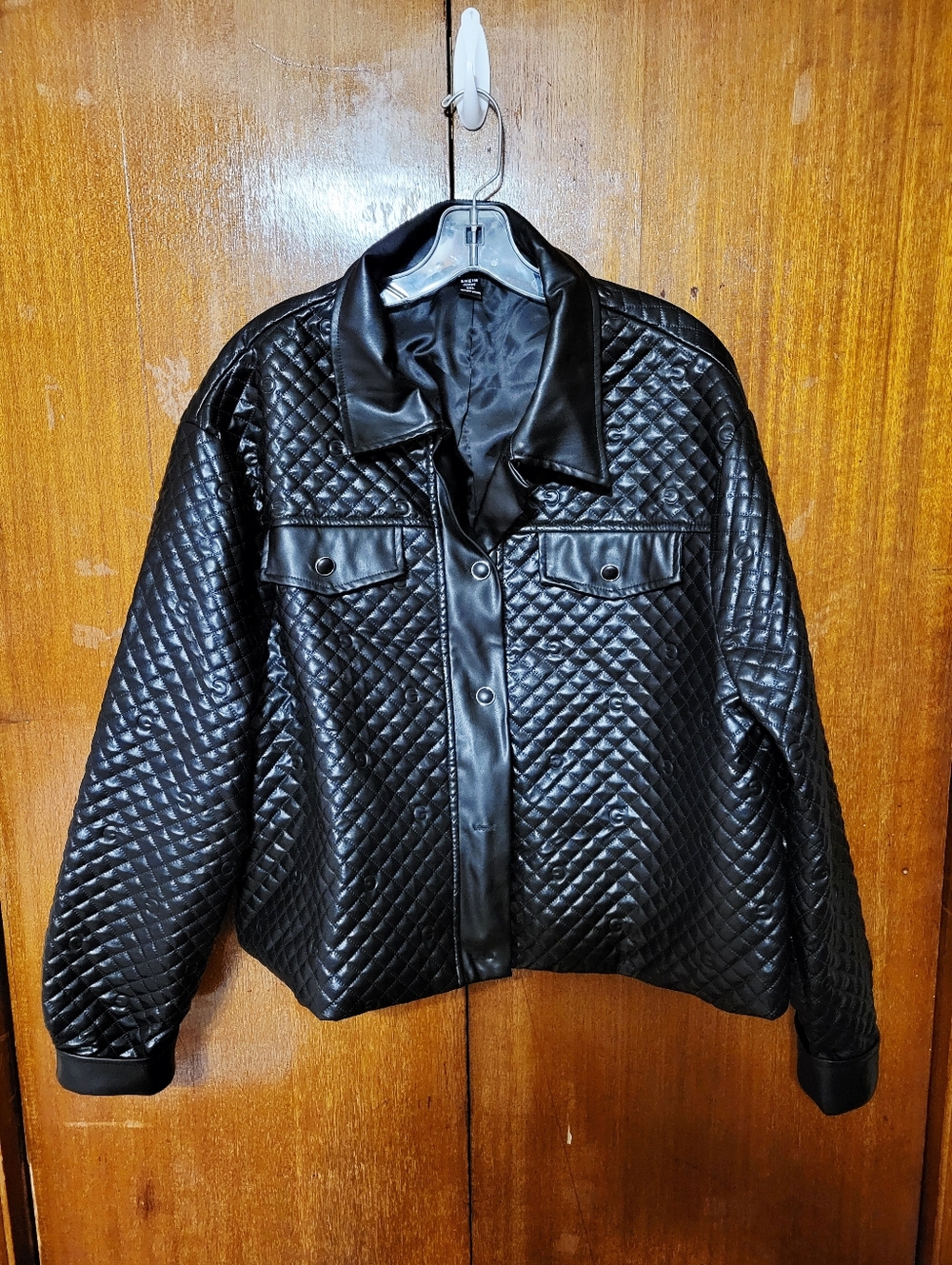 SHEIN Black Quilted Faux-Leather Shirt Jacket